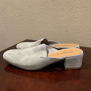 ANTHROPOLOGIE GREY SUEDE MULES